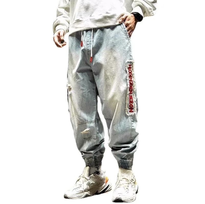 Джинсы мужские с вышивкой модные брендовые брюки-карго в стиле хип-хоп