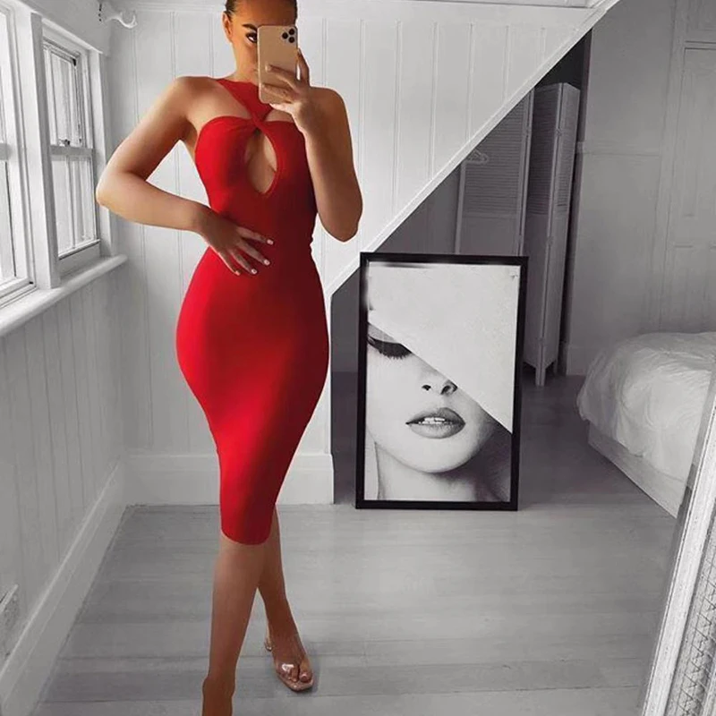 

Babatique New Fashion Elegant Halter Hollow Out Knee Length Red Bandage Dress Sexy Woman Bodycon Party Dress
