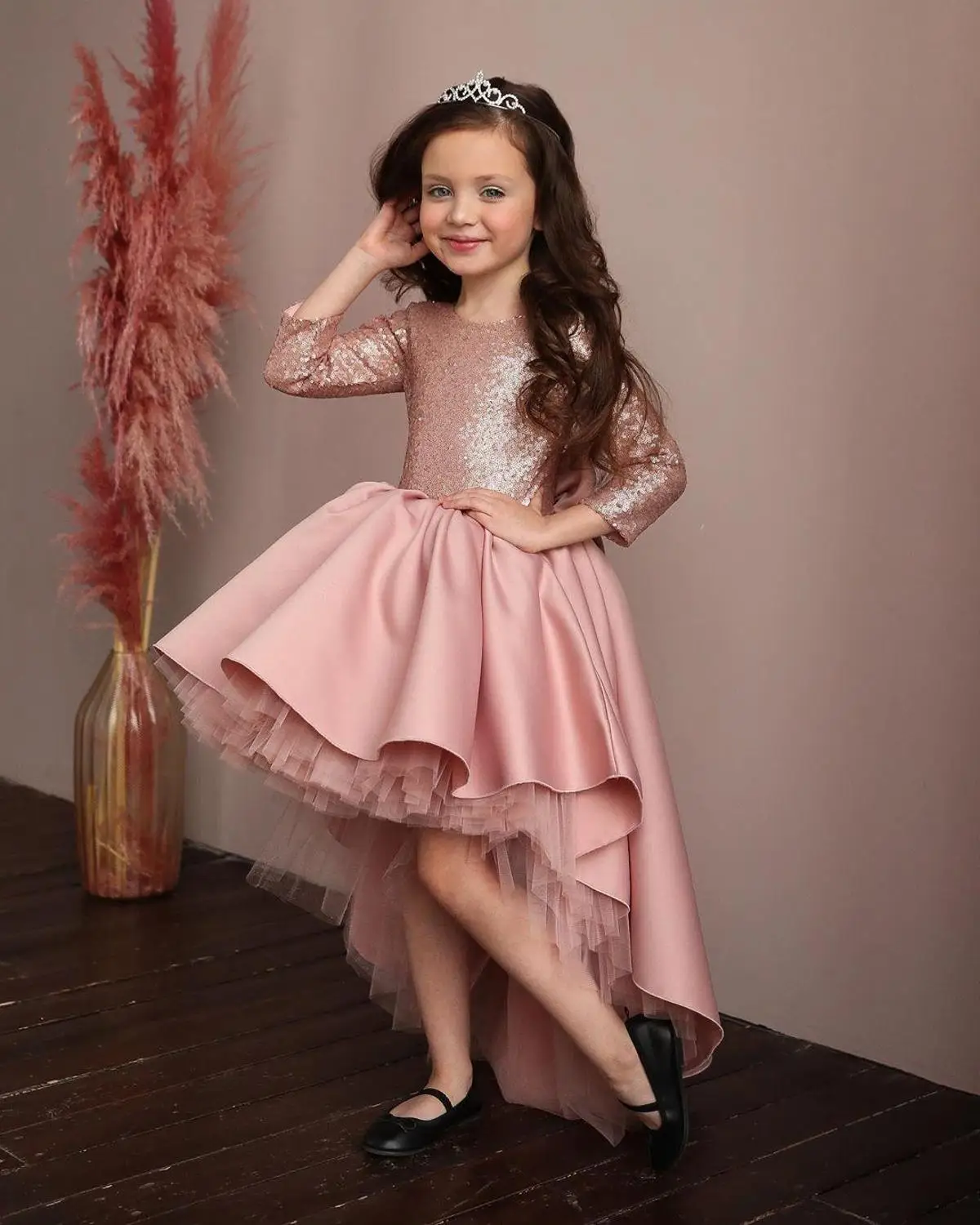 

Blush Pink Shiny Sequined Flower Girl Dresses Hi-Lo Little Girl Wedding Dresses Pageant Gowns