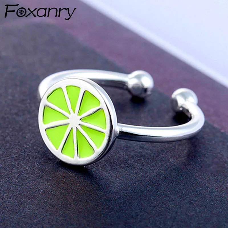 

Foxanry 925 стерлингового серебра зеленый лимон кольца для женщин в винтажном стиле ручной работы с милым дизайном вечерние украшения очаровате...