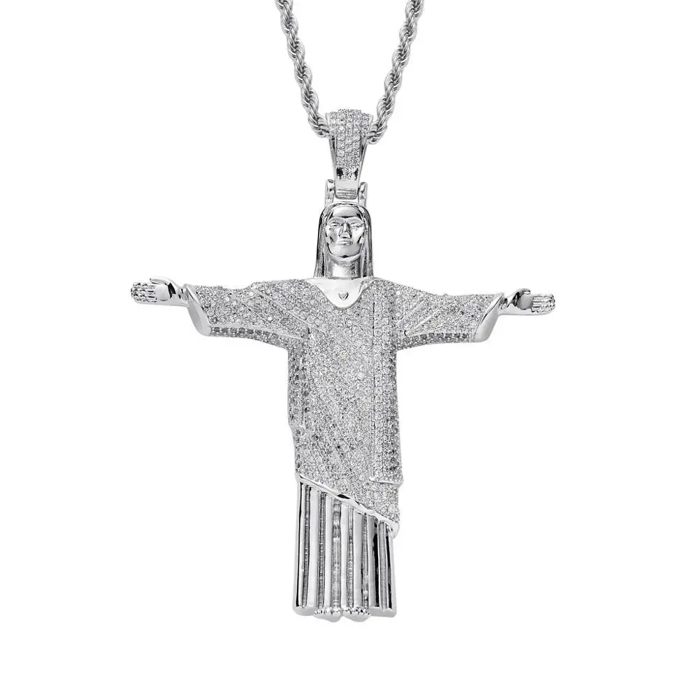 

Gold Color Big Jesus Christ Pendant Pave Aaa Cubic Zircon Hip Hop Christian Jewelry For Men Women With Long Rope Chain