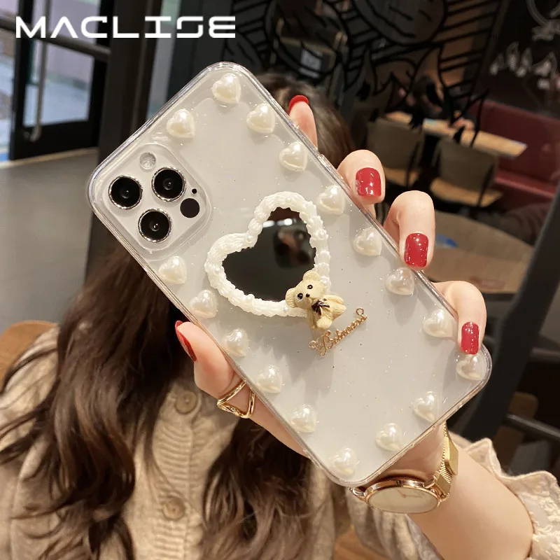 

Luxury Glitter Pearl Bear Love Heart Mirror Phone Case For Iphone 12 11 Promax XR XS 7 8 Plus Cute Bling Transparent TPU Cover