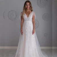 2021 boho wedding dress lace v neck low back short sleeve bridal gowns a line backless sweep train tulle lace women gorgeous