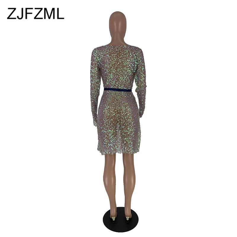 

Sexy Gradient Sequin Dress Women Long Sleeve Sashes Party Formal Dress Plus Size Ladies Clubwear Perspective Slim Midi Dress