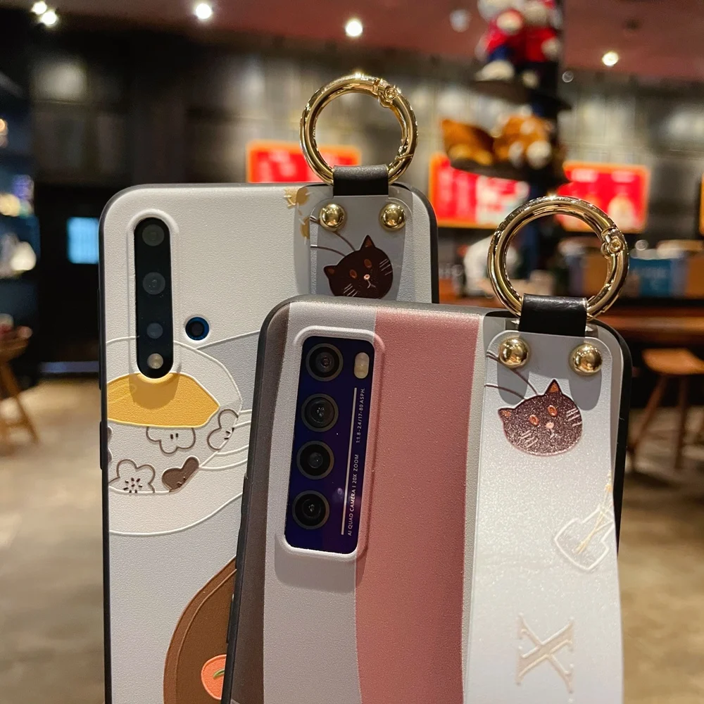 

sumkeymi Wrist Strap Cute Cat TPU Cover Phone Holder Case For HUAWEI P20 P30 P40 Pro Lite Nova3 4 5i 6SE 7SE Pro Hand Band Case