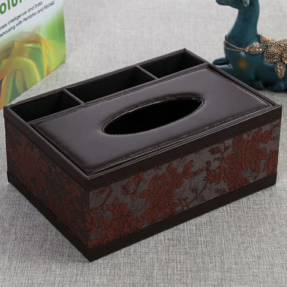 

Multifunctional Desktop Organizer Holder Pencil Scissor Container PU Leather Tissue Box(Black)