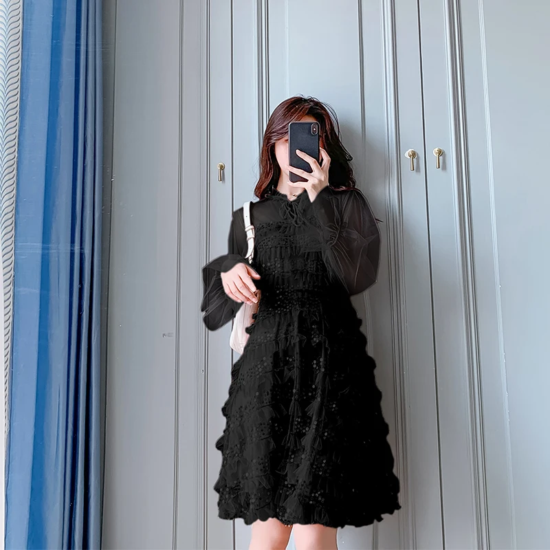 Новинка 2019 Осеннее милое женское платье Сетчатое нежное с блестками феи розовый