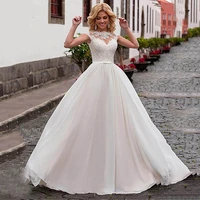 wedding dress lace appliqued bride dresses illusion backless bridal dress cap sleeves floor length wedding gown