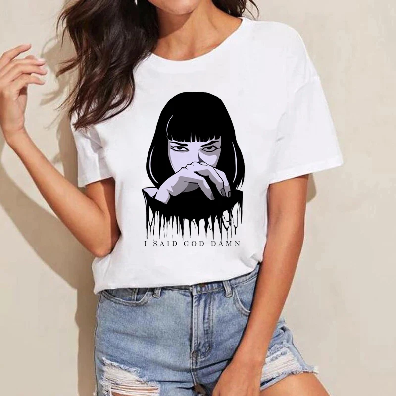 

Женская футболка с коротким рукавом, круглым вырезом и мультяшным принтом