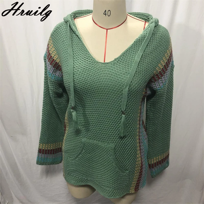 

Loose Long Sleeve Hooded Sweater Women Pockets Color Matching Mesh Drawstring Streetwear Knitted Women Tops Autumn Winter
