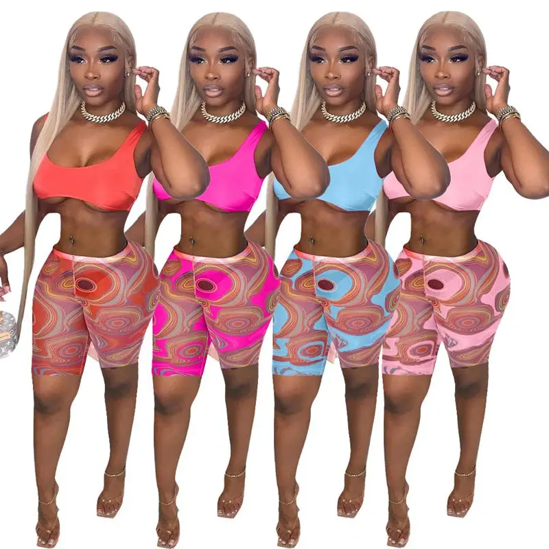 

ZOOEFFBB Trend 2 Piece Tracksuits Summer Women Set Sexy Backless Crop Tops and Biker Cute Print Shorts Lounge Wear Matching Sets