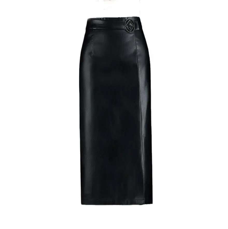 

Autumn Winter Office Lady High Waisted Black Pu Leather Pencil Skirt Women elegant Slim package hip Skirts plus size s236