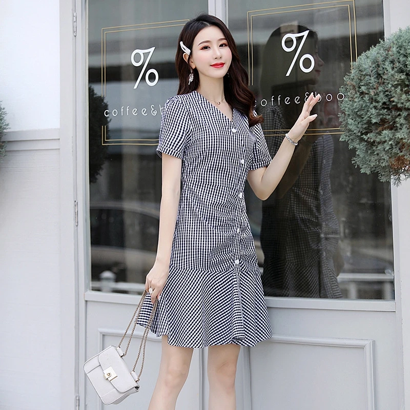 

YOSIBCD Women 2021 Chic Fashion Plaid Ruffled Wrap Dress Vintage V Puff Sleeves Female Dresses Vestidos Mujer