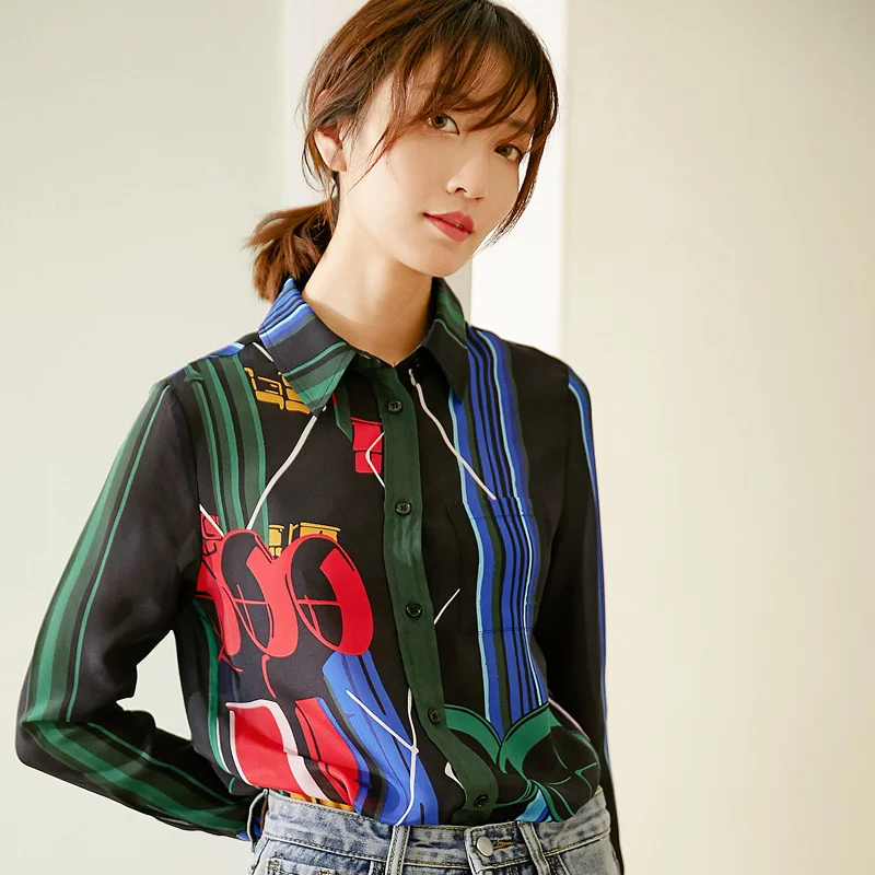 

New Printed silk top vertical stripe silk shirt women s spring SHIRT