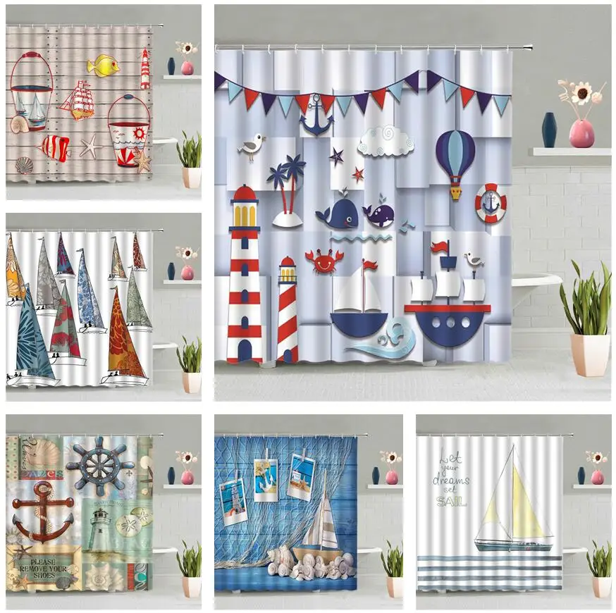Занавеска для душа с морской тематикой мультяшный голубой деревянный якорь Кит