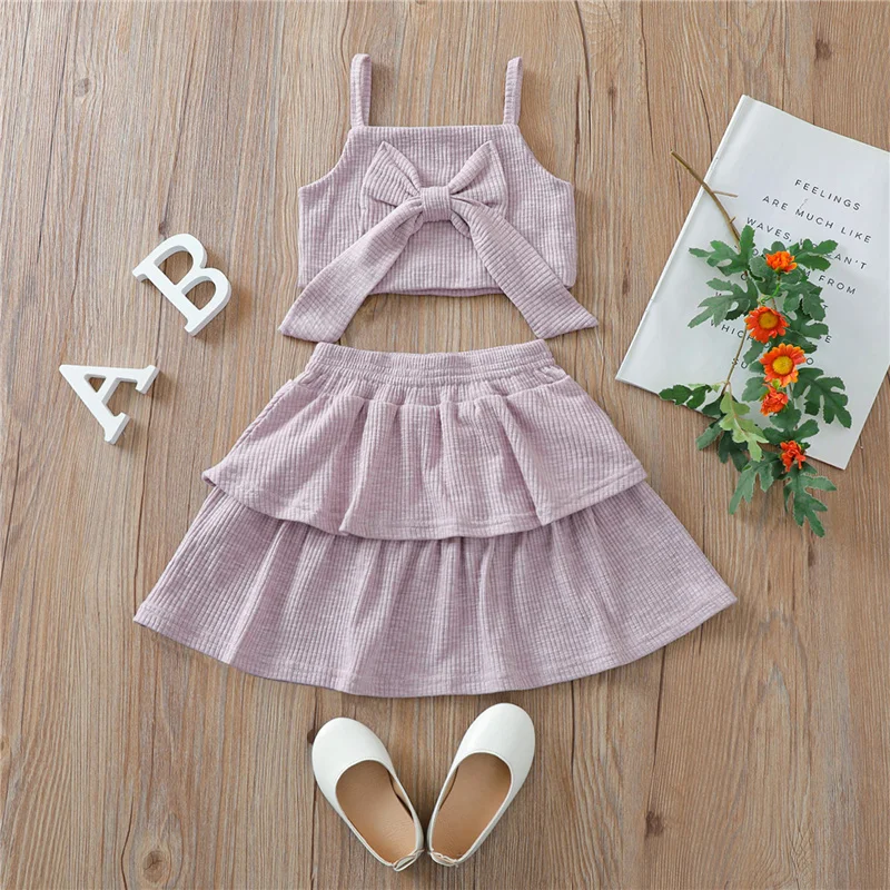 

Baby Girls Ribbed Clothes princess Set,Solid Color Square Collar Cropped sweet Tops with Bow-knot + High Waist Skirt for summer