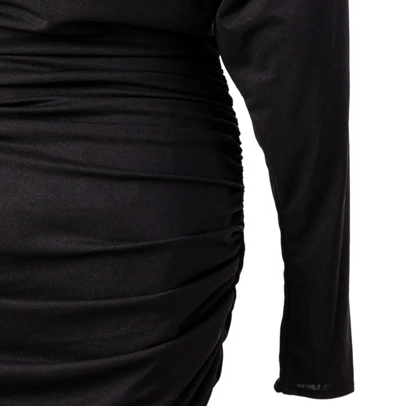 

Waist Elasticity Women Black Folds Dress New V-Neck Long Puff Sleeve Slim Fit High Waist Fashion Tide Summer 2021 C921