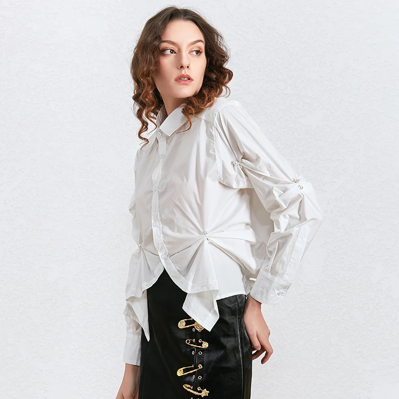 Женская рубашка TWOTWINSTYLE белая с длинным рукавом и отложным воротником|Рубашки| |