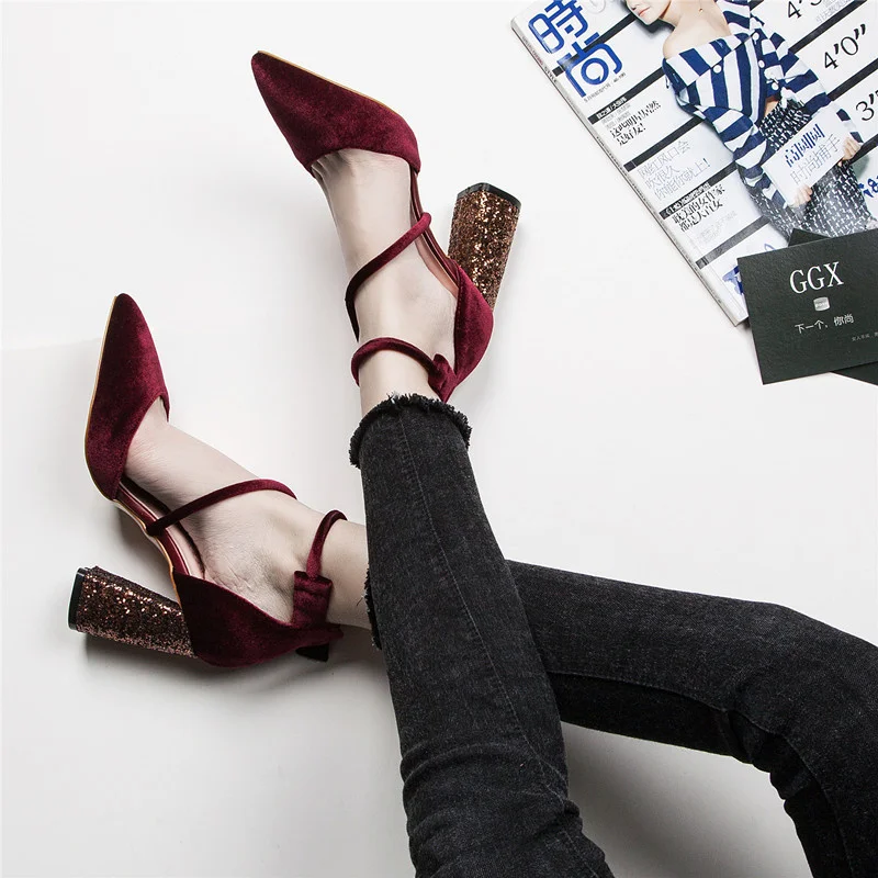 

Early spring 2021 new button pointed high heels women's color matching thick heel black versatile cross strap single shoe summer