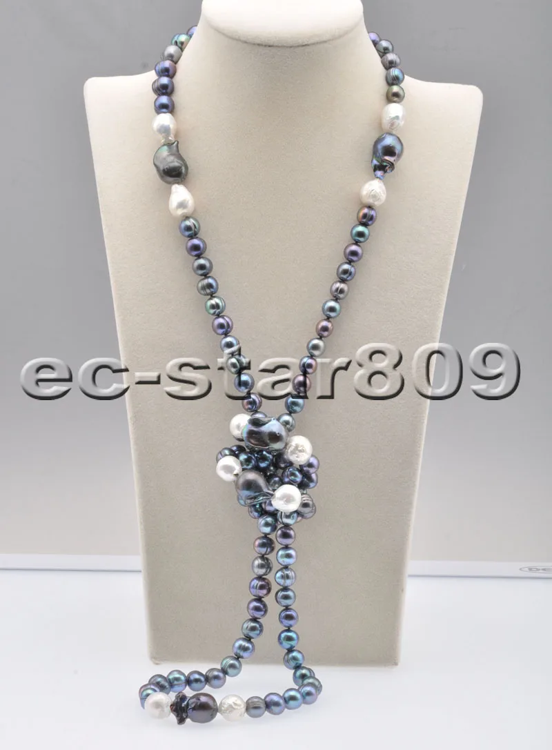 

P6753 44" 20mm White Black Round Baroque Keshi Edison Pearl Necklace