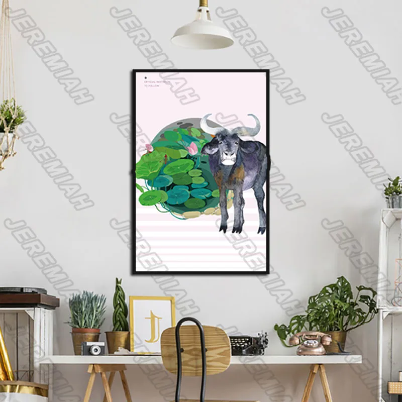 

Giraffe Zebra Cow Lotus Poster Nordic Style Wall Art Canvas Print Painting Modern Living Room Decoration