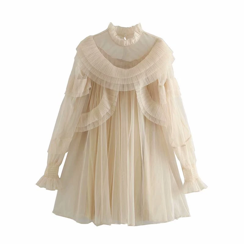 

Solid Mini Dresses For Women Stand Collar Long Sleeve High Waist Females Summer Sweet Patchwork Mesh Dress