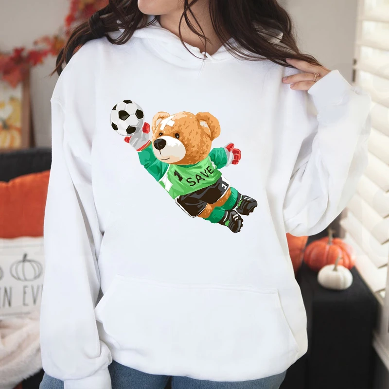 

Sports Football Goalkeep Teddy Bear Print Women Hoodie Warm Wool Casual Loose Sports Long Sleeve Pullover Hip Hop Men Sweatshirt