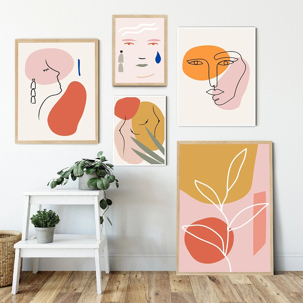

Boho Gallery Wall Prints Burnt Orange Art Abstract Line Face Posters Plant Leaves Canvas Painting Bedroom Nordic Decor Pictures