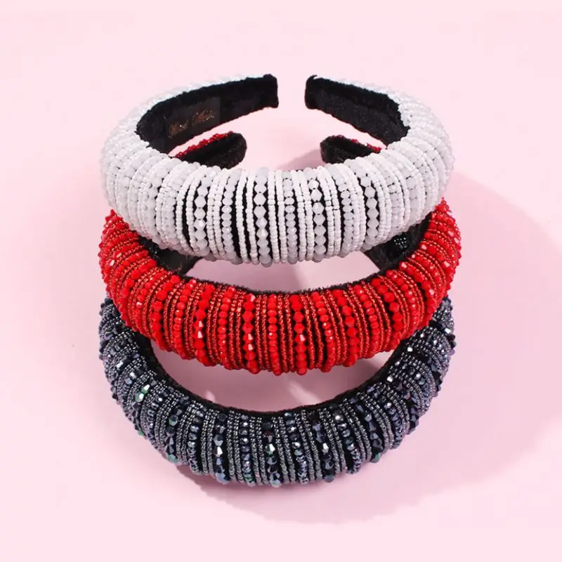 

Baroque Women Sponge Padded Bandana Luxury Full Colorful Faux Crystal Beaded Hair Hoop Wedding Bridal Jewelry Crown Headband