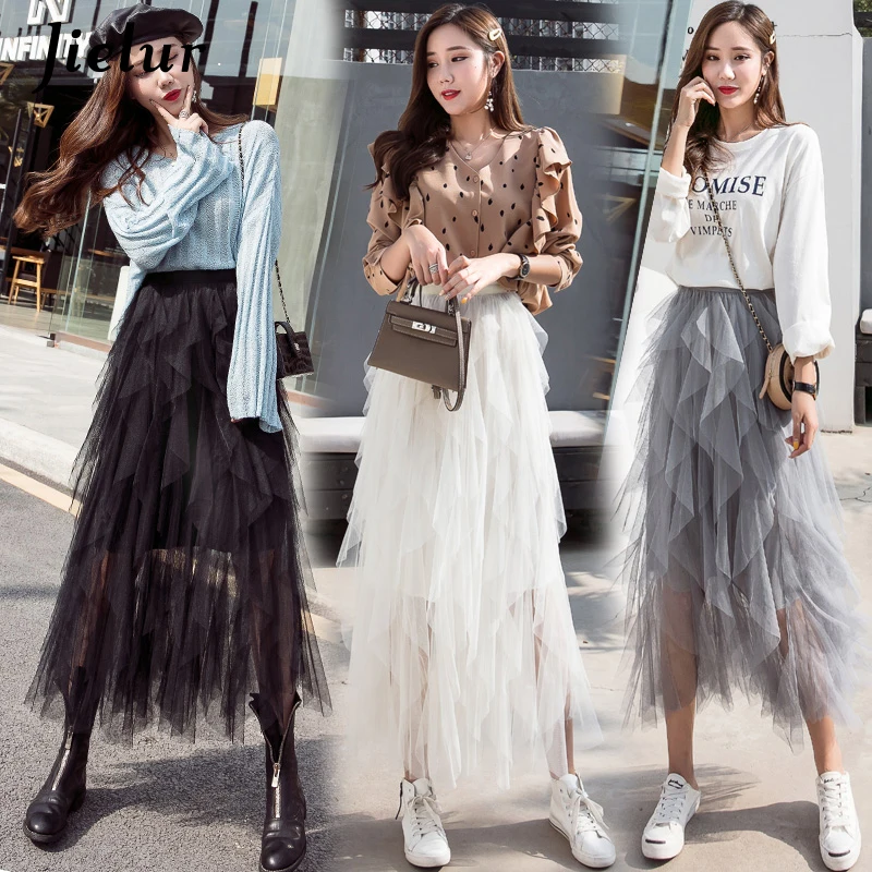Jielur White Skirt Women Summer 2021 Vintage High Waist Irregular Mesh Skirts Gray Black Fashion Chic Pleated Tulle Korean | Женская