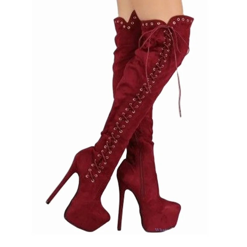 

Abesire New Long Women Boots Red Platform Side Zipper Lace Up Round Heel Suede Round Toe Thigh High Solid Shoes Zapatos Mujer
