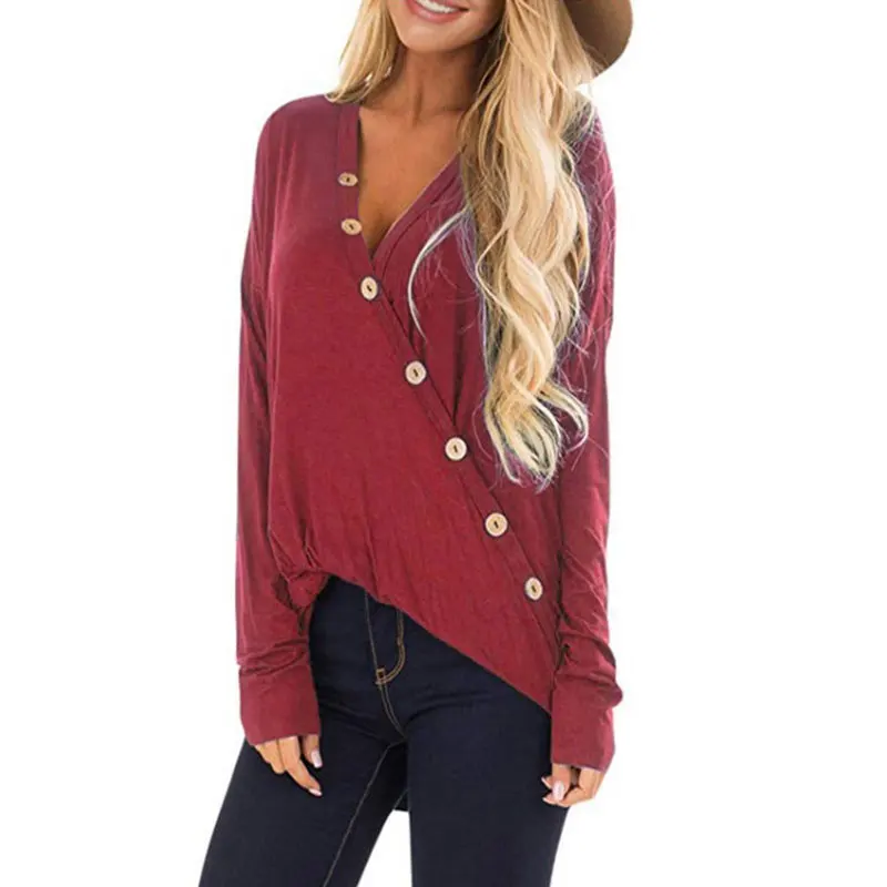 

Hot New Women T-Shirt Solid Casual V Neck Autumn T-Shirt Tops Tee Long Sleeve Cotton Button Vintage Plus Size T-shirts New