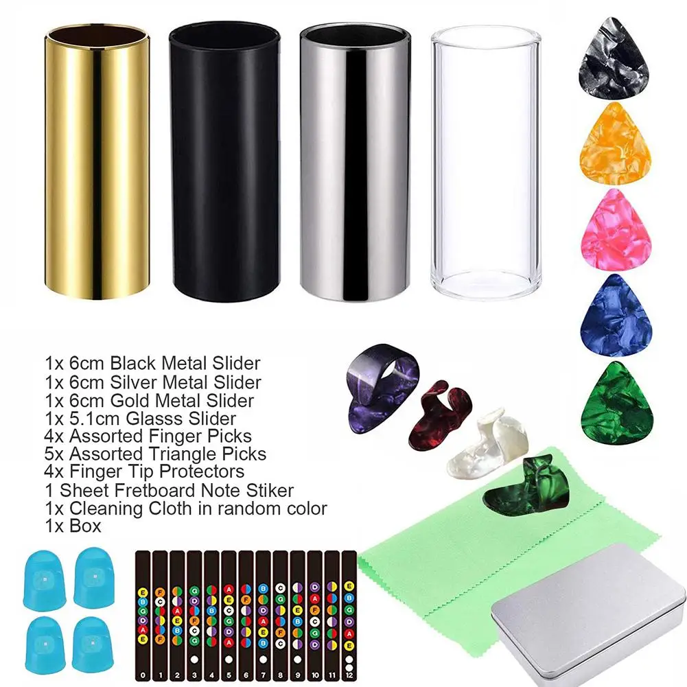 Useful Guitar Accessories Kit Metal and Glass Finger Slider Picks Protectors Note Sticker with Box | Спорт и развлечения