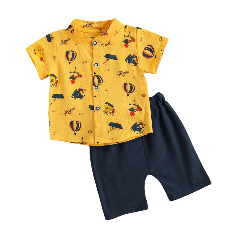 

Summer Little Boys Shirt Shorts Set Toddler Creative Fire Balloon Plane Printing Short Sleeve Stand Collar Top + Short Trousers