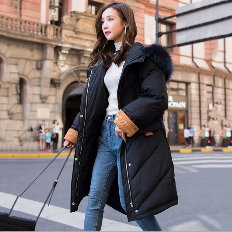 

2019 thick winter fashion beautiful collar down jacket female long over knee temperament cotton pure color warm loose overcoat