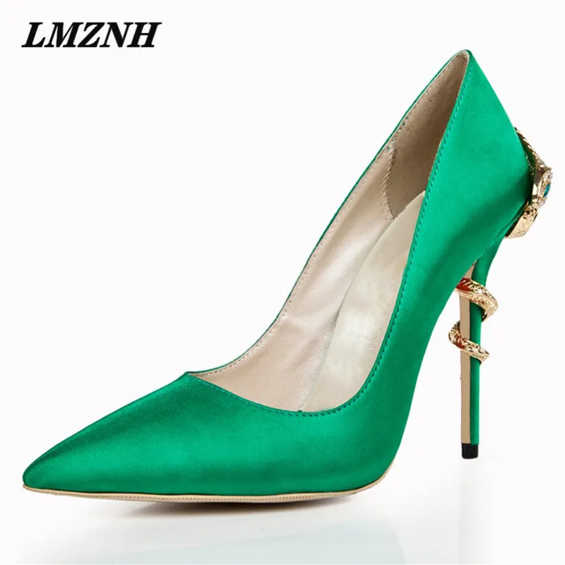 

LMZNH Summer Fashion Woman High Heels Satin Cloth Shallow Rhinestone Metal Snake Decoration Woman Pumps Mature Solid Brand Shoes