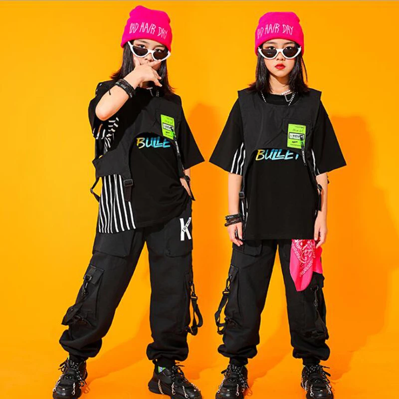 

Kids Carnival Hip Hop Clothing Black TshirtTops Streetwear Camo Cargo Shorts For Girls Boys Modern Jazz Dance Costume Clothes