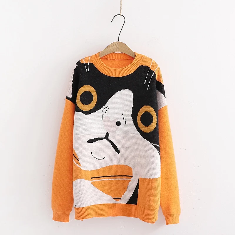 Winter New Women Pullover and Sweaters O-neck Cartoon Pattern Jumpers Loose Style oversized Knitwear Sweater AFC263 | Женская одежда