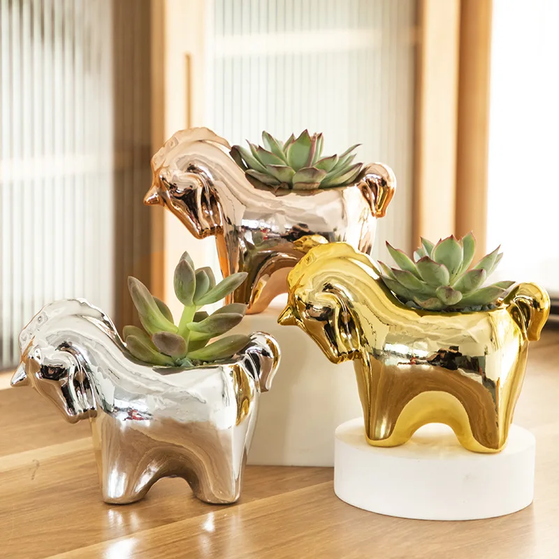 

New Electroplating Golden Succulent Flower Pot Ceramic Animal Plant Pots Creative Cartoon Vase Ornament Home Garden Decoration