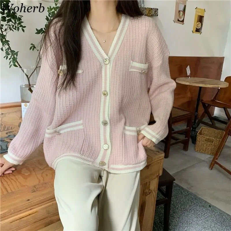 Woherb осенний шикарный кардиган женский свитер с V-образным вырезом пальто