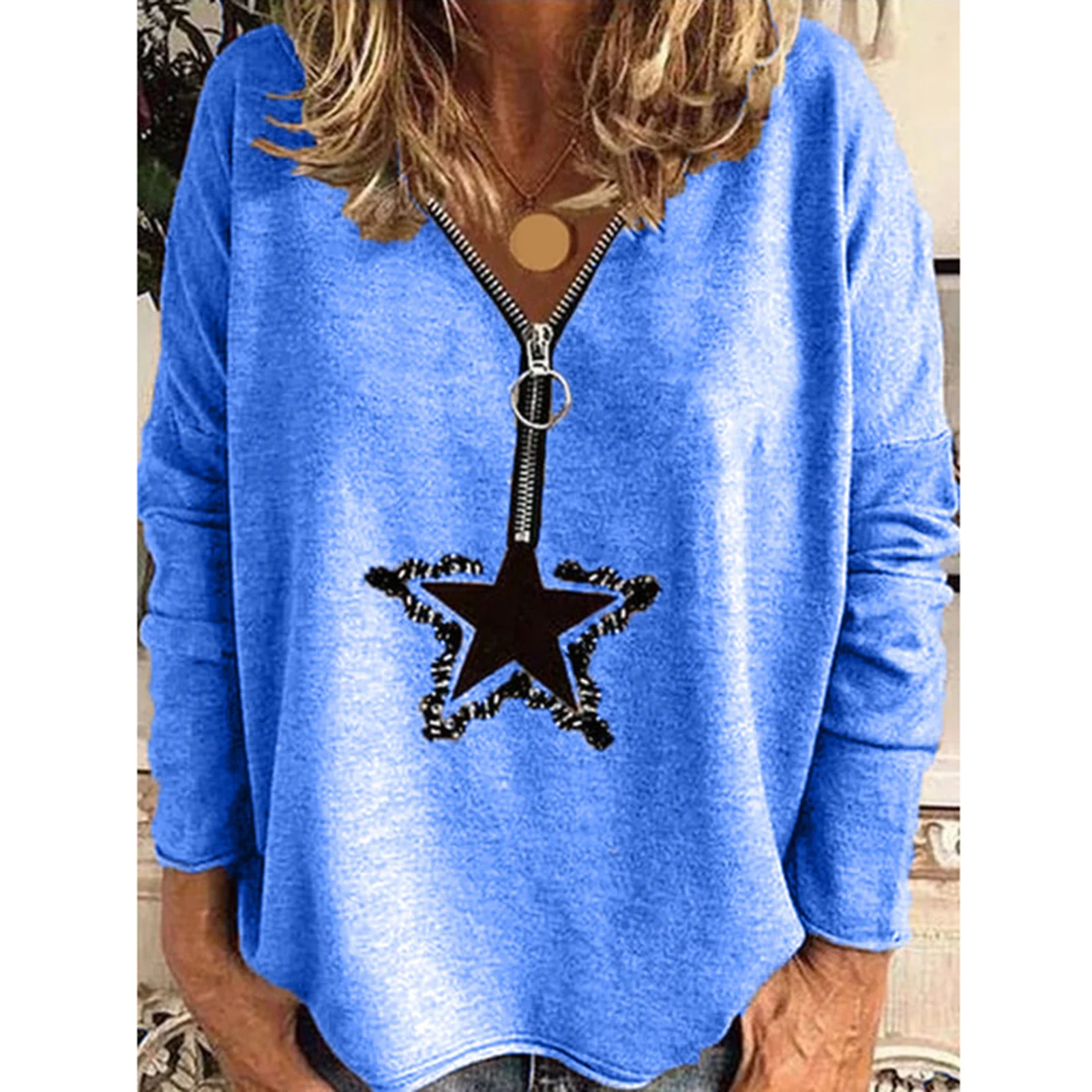 

Women Autumn Winter Star Print V Neck Zipper Blouse Top Long Sleeve Sweatshirt