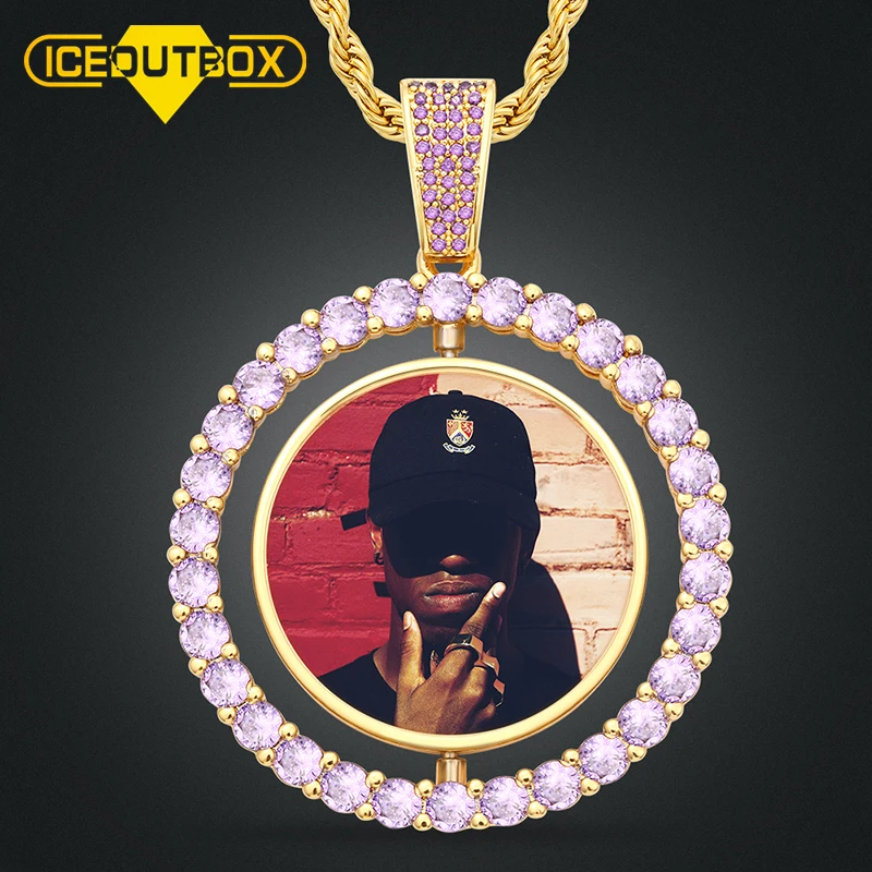 

Only Pendant Colorful Crystal Custom Make Photos Rotating Double-sided Medallions Pendant Cubic Zircon For Men Hip Hop Jewelry