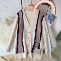 women autumn new single breasted v neck button striped patchwork cardigan sweater knitted loose oversized jumper top jacket coat