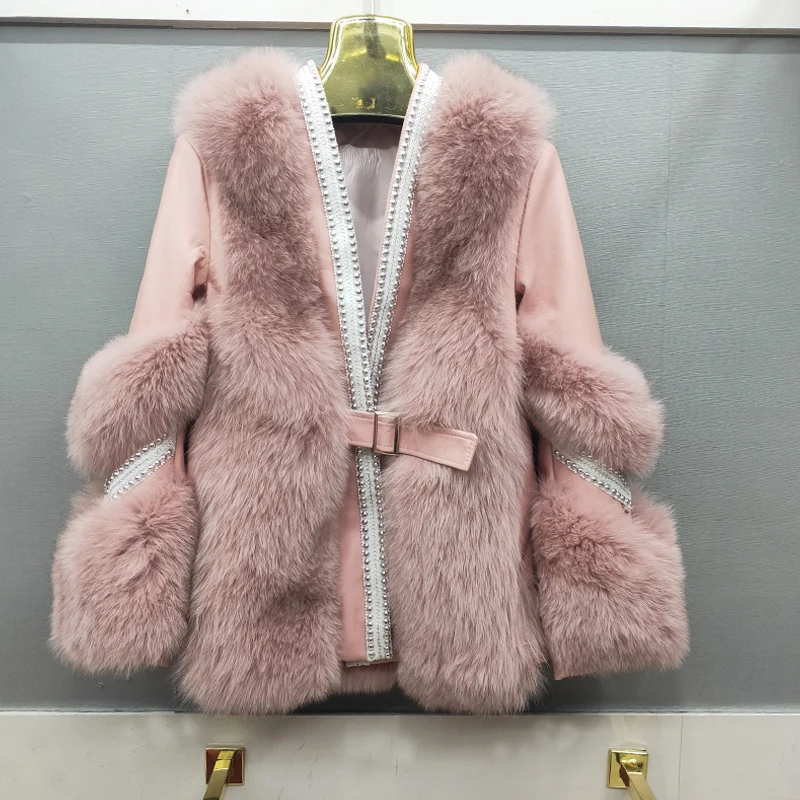 100% natural real fox skin women's coat + real sheepskin leather jacket long sleeve  with diamond Belt, button free