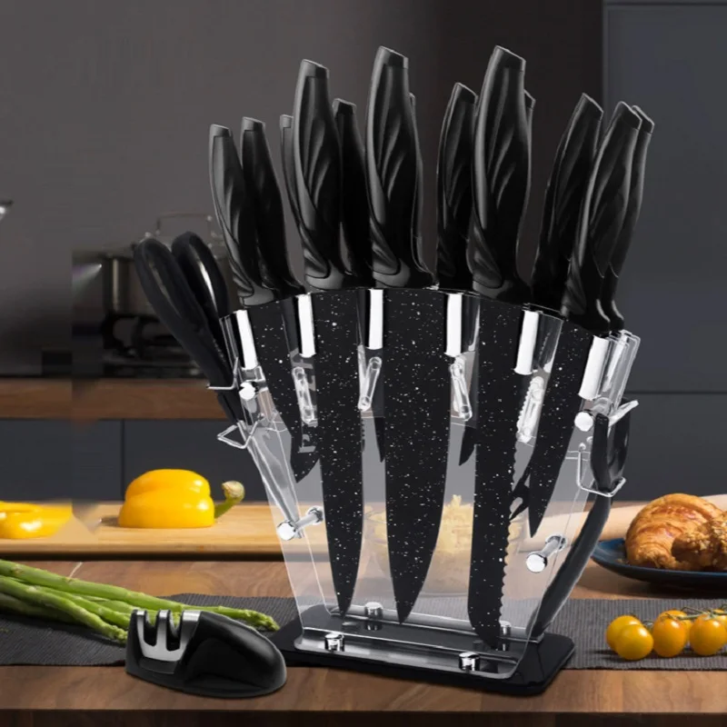 

17-piece Kitchen Knife for Cutting Meat Vegetables Bones Fruits Pizza Scissors Paring Knife and Cooking Sharpener Knife Holder