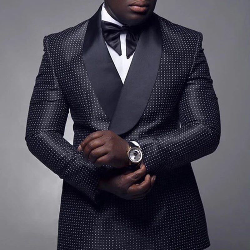 

Мужской облегающий костюм из двух предметов, двубортный смокинг в мелкий горошек, свадебный смокинг в клетку, черная модная мужская одежда, пиджак и брюки, 2023