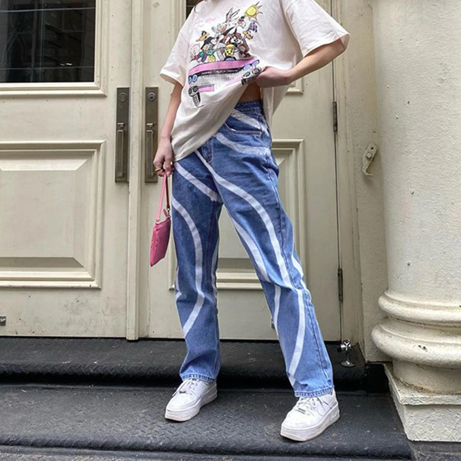 

White Striped Print Straight Long Jeans Women Spring Nice Vogue High Waist Split Wide Leg Female Casual Baggy Cowboy Trousers