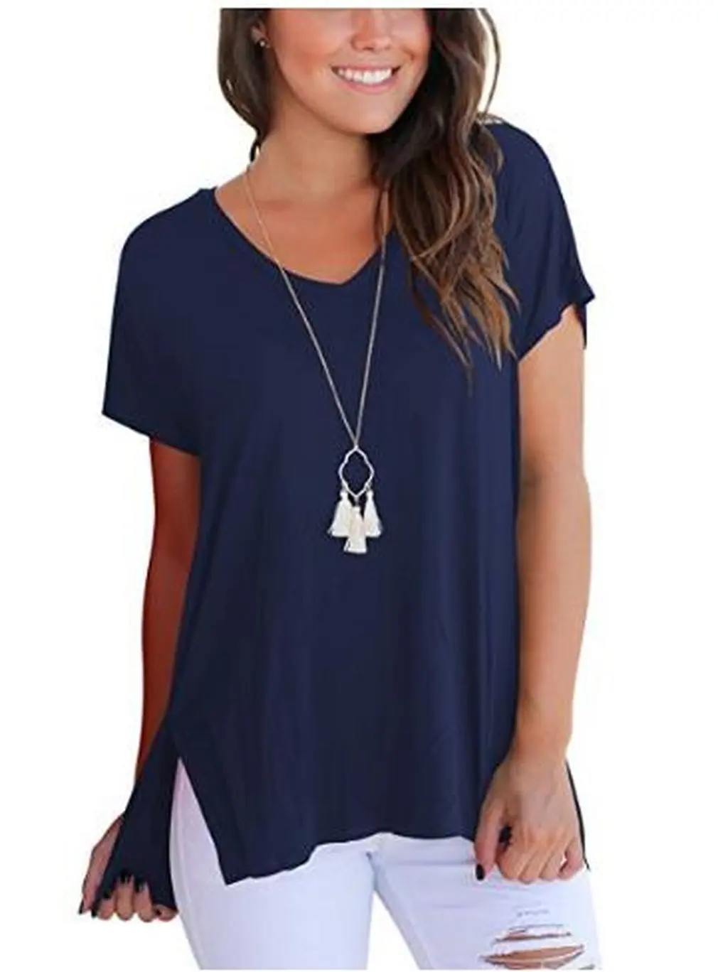 Women Loose Comfortable Hem Split Front Short Back Long Solid Color V-neck T-shirt Sleeves Summer | Женская одежда