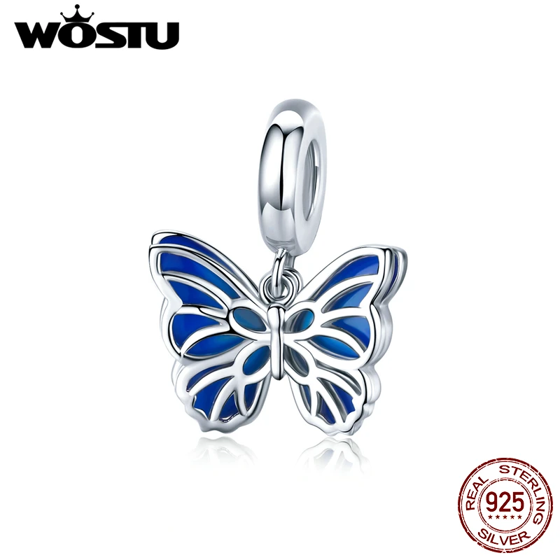 WOSTU подлинные 925 пробы серебряные подвески с бабочкой синие эмалированные бусины
