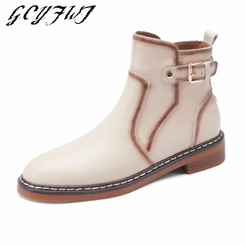 

Women's Ankle Boots Buckle Strap Round Toe Sewing Low Heel Mixed Colors Women Boots Retro Zipper-Sid Non-Slip Sweet Female Shoes